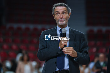 2023-09-13 - Attilio Fontana President of Lombardy Region looks on during Friendly match new season between Pallacanestro Varese OpenJobMetis and SAM Basket Massagno at Itelyum Arena, Varese, Italy on September 13, 2023 - OPENJOBMETIS VARESE VS SAM BASKET MASSAGNO - FRIENDLY MATCH - BASKETBALL