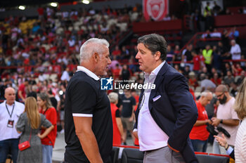 2023-09-17 - President of Euroleague Dejan Bodiroga and Joe Arlauckas at the Vassilis Spanoulis honoring day before the friendly match between Olympiacos BC and Olimpia Milano at Peace and Friendship Stadium on September 17, 2023, in Athens, Greece. - OLYMPIACOS BC HONORING VASSILIS SPANOULIS, FRIENDLY MATCH OLYMPIACOS VS OLIMPIA MILANO - FRIENDLY MATCH - BASKETBALL