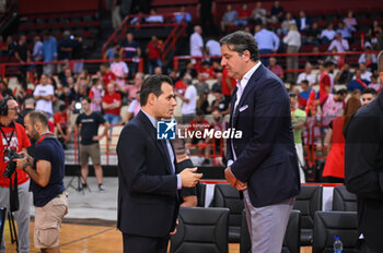 2023-09-17 - Coach Dimitris Itoudis and President of Euroleague Dejan Bodiroga at the Vassilis Spanoulis honoring day before the friendly match between Olympiacos BC and Olimpia Milano at Peace and Friendship Stadium on September 17, 2023, in Athens, Greece. - OLYMPIACOS BC HONORING VASSILIS SPANOULIS, FRIENDLY MATCH OLYMPIACOS VS OLIMPIA MILANO - FRIENDLY MATCH - BASKETBALL