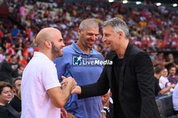 2023-09-17 - Nick Calathes and Nikos Zissis at the Vassilis Spanoulis honoring day before the friendly match between Olympiacos BC and Olimpia Milano at Peace and Friendship Stadium on September 17, 2023, in Athens, Greece. - OLYMPIACOS BC HONORING VASSILIS SPANOULIS, FRIENDLY MATCH OLYMPIACOS VS OLIMPIA MILANO - FRIENDLY MATCH - BASKETBALL