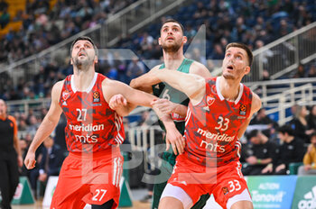 10/03/2023 - 27 STEFAN MARKOVIC and  33 FILIP PETRUSEV of Crvena Zvezda Meridianbet Belgrade competing with 6 GEORGIOS PAPAGIANNIS of Panathinaikos Athens during the Euroleague, Round 28, match between Panathinaikos Athens and Crvena Zvezda Meridianbet Belgrade at Oaka Altion on March 10, 2023, in Athens, Greece. - PANATHINAIKOS ATHENS VS CRVENA ZVEZDA - EUROLEAGUE - BASKET