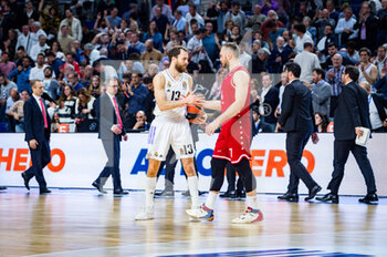 16/03/2023 - Sergio Rodríguez (Real Madrid) and Stefano Tonut (EA7 Emporio Armani Olimpia Milano) at the end of the basketball match between Real Madrid and EA7 Emporio Armani Olimpia Milano valid for the matchday 29 of the Euroleague played at Wizink Center in Madrid on Thursday 16 March 2023 - REAL MADRID VS EA7 EMPORIO ARMANI MILANO - EUROLEAGUE - BASKET