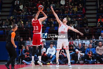 2023-11-09 - Nikola Mirotic (EA7 Emporio Armani Olimpia Milano) thwarted by Victor Claver (Valencia Basket) - EA7 EMPORIO ARMANI MILANO VS VALENCIA BASKET - EUROLEAGUE - BASKETBALL