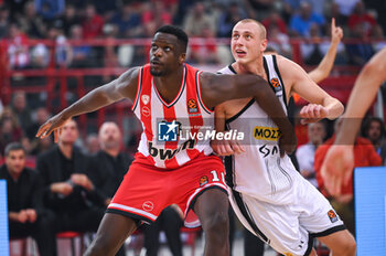 2023-10-19 - 10 Moustapha Fall of Olympiacos Piraeus competing with 9 Alen Smailagic of Partizan during the Euroleague, Round 4,
match between Olympiacos Piraeus and Partizan Mozzart Bet Belgrade at Peace
& Friendship Stadium on October 19, 2023, in Athens, Greece. - OLYMPIACOS VS PARTIZAN MOZZART BET BELGRADE - EUROLEAGUE - BASKETBALL