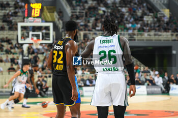 2023-10-20 - 26 Mathias Lessort of Panathinaikos Athens competing with 32 Josh Nebo of Maccabi Playtika Tel Aviv during the Euroleague, Round 4, match between Panathinaikos Athens and Maccabi Playtika Tel Aviv at Oaka Altion on October 20, 2023, in Athens, Greece. - PANATHINAIKOS ATHENS VS MACCABI PLAYTIKA TEL AVIV - EUROLEAGUE - BASKETBALL