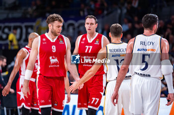 2023-10-19 - Nicolo Melli (EA7 Emporio Armani Olimpia Milano) greets Sergio Rodriguez (Real Madrid) during the basketball game between Real Madrid and EA7 Emporio Armani Olimpia Milano valid for the round 04 of the Euroleague competition played at Wizink Center in Madrid, Spain on Thursday 19 October 2023 - REAL MADRID VS OLIMPIA MILANO - EUROLEAGUE - BASKETBALL