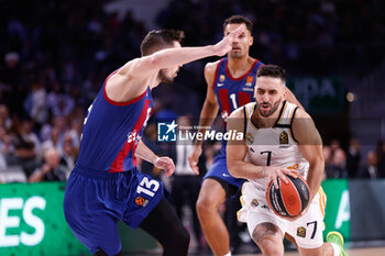 2023-10-26 - Facundo Campazzo of Real Madrid and Tomas Satoransky of FC Barcelona during the Turkish Airlines EuroLeague basketball match between Real Madrid and FC Barcelona on October 26, 2023 at Wizink Center in Madrid, Spain - BASKETBALL - EUROLEAGUE - REAL MADRID V FC BARCELONA - EUROLEAGUE - BASKETBALL