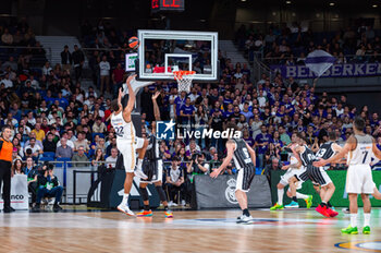 2023-11-09 - Edy Tavares of Real Madrid (L) and Jordan Mickey of Virtus Bologna (R) seen in action during the Euroleague 2022/23 match between Real Madrid and Virtus Bologna at Wizink Center in Madrid, Spain. - REAL MADRID VS VIRTUS BOLOGNA - EUROLEAGUE - BASKETBALL