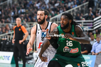 2023-11-17 - 21 Tornike Shengelia of Virtus Bologna competing with 26 Mathias Lessort of Panathinaikos Athens during the Euroleague, Round 9, match between Panathinaikos Athens and Virtus Bologna at Oaka Altion on November 17, 2023, in Athens, Greece. - PANATHINAIKOS ATHENS VS VIRTUS BOLOGNA - EUROLEAGUE - BASKETBALL