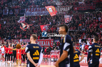 2023-12-05 - Olympiacos Piraeus supporters are having fun during the Euroleague, Round 12, match between Olympiacos Piraeus and Real Madrid at Peace and Friendship stadium on December 5, 2023, in Piraeus, Greece. - OLYMPIACOS PIRAEUS VS REAL MADRID - EUROLEAGUE - BASKETBALL