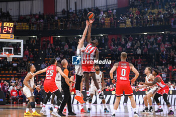 2023-12-08 - 10 Moustapha Fall of Olympiacos Piraeus competing with 22 Danko Brankovic of FC Bayern Munich during the Euroleague, Round 13, match between Olympiacos Piraeus and FC Bayern Munich at Peace and Friendship stadium on December 8, 2023, in Piraeus, Greece. - OLYMPIACOS PIRAEUS VS FC BAYERN MUNICH - EUROLEAGUE - BASKETBALL