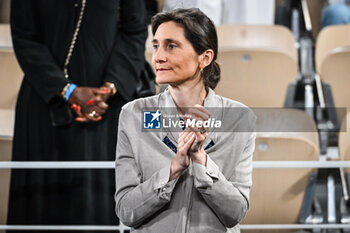 2023-06-15 - French Sports Minister Amelie OUDEA-CASTERA during the French championship, Betclic Elite Basketball match, Playoffs, Final match 3, between Metropolitans 92 (Boulogne - Levallois) and AS Monaco on June 15, 2023 at Roland-Garros stadium in Paris, France - BASKETBALL - FRENCH CHAMP - PLAYOFFS FINAL - METROPOLITANS V MONACO - FRENCH PRO A - BASKETBALL