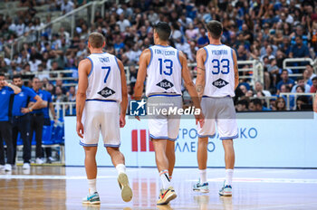 2023-08-10 - 33 ACHILLE POLONARA, 7 STEFANO TONUT and 13 SIMONE FONTECCHIO of Italy during the Aegean Acropolis Tournament match between Greece and Italy at Oaka Stadium on August 10, 2023, in Athens, Greece. - AEGEAN ACROPOLIS TOURNAMENT - GREECE VS ITALY - INTERNATIONALS - BASKETBALL