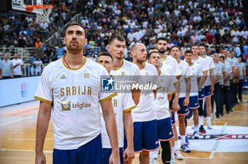 2023-08-08 - Serbian national team during the Aegean Acropolis Tournament match between Greece and Serbia at Oaka Stadium on August 8, 2023, in Athens, Greece. - AEGEAN ACROPOLIS TOURNAMENT - GREECE VS SERBIA - INTERNATIONALS - BASKETBALL