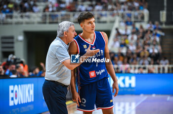 2023-08-08 - 7 BOGDAN BOGDANOVIC with Head Coach SVETISLAV PESIC of Serbia during the Aegean Acropolis Tournament match between Greece and Serbia at Oaka Stadium on August 8, 2023, in Athens, Greece. - AEGEAN ACROPOLIS TOURNAMENT - GREECE VS SERBIA - INTERNATIONALS - BASKETBALL