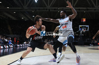 2023-05-15 - Alessandro Pajola (Segafredo Virtus Bologna) thwarted by Nick Perkins (Happy Casa Brindisi) during game 2 of the playoff quarter-finals of the Italian A1 basketball championship match Segafredo Virtus Bologna Vs. Happy Casa Brindisi - Bologna, Italy, May 15, 2023 at Segafredo Arena - Photo: Michele Nucci - PLAYOFF - VIRTUS BOLOGNA VS NEW BASKET BRINDISI - ITALIAN SERIE A - BASKETBALL