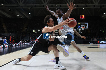 2023-05-15 - Alessandro Pajola (Segafredo Virtus Bologna) thwarted by Nick Perkins (Happy Casa Brindisi) during game 2 of the playoff quarter-finals of the Italian A1 basketball championship match Segafredo Virtus Bologna Vs. Happy Casa Brindisi - Bologna, Italy, May 15, 2023 at Segafredo Arena - Photo: Michele Nucci - PLAYOFF - VIRTUS BOLOGNA VS NEW BASKET BRINDISI - ITALIAN SERIE A - BASKETBALL