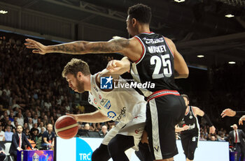 2023-06-14 - Niccolo' Melli (EA7 Olimpia Milano) thwarted by Jordan Mickey (Segafredo Virtus Bologna) during game 3 of the playoff finals of the Italian A1 basketball championship match Segafredo Virtus Bologna Vs. EA7 Olimpia Milano - Bologna, Italy, June 14, 2023 at Segafredo Arena - Photo: Michele Nucci - MATCH 3 FINAL - VIRTUS SEGAFREDO BOLOGNA VS EA7 EMPORIO ARMANI MILANO - ITALIAN SERIE A - BASKETBALL