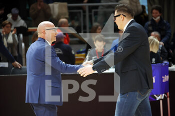 2023-01-29 - Luca Dalmonte (head coach of Fortitudo Flats Service Bologna) and Carlo Finetti (head coach of Apu old wild west Udine) during the Italian basketball Lnp A2 series championship match Fortitudo Flats Service Bologna Vs. Apu Old Wild West Udine - Bologna, Italy, January 29, 2023 at Paladozza sport palace - Photo: Michele Nucci - FORTITUDO FLATS SERVICE BOLOGNA VS APU UDINE - ITALIAN SERIE A2 - BASKETBALL