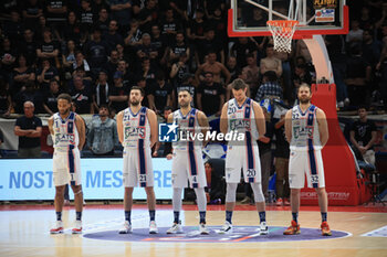 2023-05-21 - Fortitudo Flats Service Bologna observes a minute of silence in honor of Romagna flood victims during the italian basketball Lbn A2 series Game 3 of the playoff quarterfinals match Fortitudo Flats Service Bologna Vs. Benedetto XIV Tramec Cento - Bologna, Italy, May 21, 2023 at Paladozza sport palace - Photo: Michele Nucci - PLAYOFF - FORTITUDO BOLOGNA VS TRAMEC CENTO - ITALIAN SERIE A2 - BASKETBALL