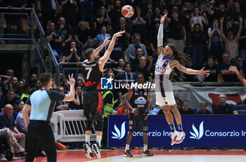 2023-05-24 - Giovanni Tomassini (Tramec Cento) thwarted by Adrian Banks (Fortitudo Flats Service Bologna) during the italian basketball Lbn A2 series Game 4 of the playoff quarterfinals match Fortitudo Flats Service Bologna Vs. Benedetto XIV Tramec Cento - Bologna, Italy, May 24, 2023 at Paladozza sport palace - Photo: Michele Nucci - PLAYOFF - FORTITUDO BOLOGNA VS TRAMEC CENTO - ITALIAN SERIE A2 - BASKETBALL