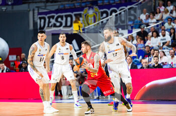 2023-04-30 - Gabriel Deck (Real Madrid), Vincent Poirier (Real Madrid) and Stefan Jovic (Zaragoza) in action during the basketball match between Real Madrid and Zaragoza Basket valid for the matchday 30 of the spanish basketball league ACB called “Liga Endesa” played at Wizink Center in Madrid on Sunday 30 April 2023 - REAL MADRID VS ZARAGOZA - SPANISH LIGA ENDESA ACB - BASKETBALL