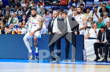 2023-04-30 - Chus Mateo (Real Madrid) and Vincent Poirier (Real Madrid) and Sergio Llull (Real Madrid) during the basketball match between Real Madrid and Zaragoza Basket valid for the matchday 30 of the spanish basketball league ACB called “Liga Endesa” played at Wizink Center in Madrid on Sunday 30 April 2023 - REAL MADRID VS ZARAGOZA - SPANISH LIGA ENDESA ACB - BASKETBALL