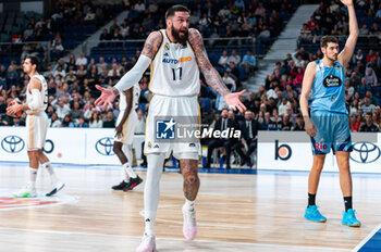 2023-12-03 - Vincent Poirier of Real Madrid seen arguing with the referee during the Liga Endesa Acb 23/24 basketball match between Real Madrid vs Rio Breogan at Wizink center in Madrid, Spain. - REAL MADRID VS BREOGAN - SPANISH LIGA ENDESA ACB - BASKETBALL