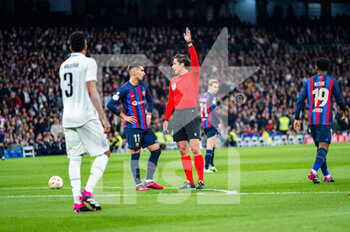 2023-03-02 - Ferran Torres (Barcelona) arguing with the referee about the Barcellona’s goal during the football match between
Real Madrid and Barcelona valid for the semifinal of the “Copa del Rey” Spanish cup celebrated in Madrid, Spain at Bernabeu stadium on Thursday 02 March 2023 - REAL MADRID VS BARCELONA - SPANISH CUP - SOCCER
