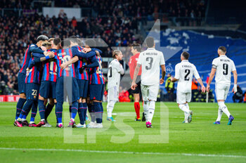 2023-03-02 - Barcellona’s team celebrate the Franck Kessie (Barcelona) goal meanwhile Real Madrid team protesting with the referee during the football match between
Real Madrid and Barcelona valid for the semifinal of the “Copa del Rey” Spanish cup celebrated in Madrid, Spain at Bernabeu stadium on Thursday 02 March 2023 - REAL MADRID VS BARCELONA - SPANISH CUP - SOCCER
