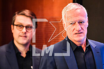 2023-03-16 - Raphael RAYMOND press officer of France and Didier DESCHAMPS of France during the French football team's press conference announcing the list of players selected for the start of the UEFA Euro 2024 qualifiers on March 16, 2023 at the headquarters of the FFF in Paris, France - FOOTBALL - FRANCE - PRESS CONFERENCE OF COACH DIDIER DESCHAMPS - OTHER - SOCCER