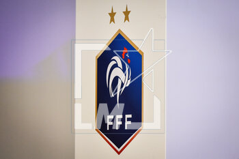 2023-03-16 - Illustration of the official logo of French Football Federation (FFF) during the French football team's press conference announcing the list of players selected for the start of the UEFA Euro 2024 qualifiers on March 16, 2023 at the headquarters of the FFF in Paris, France - FOOTBALL - FRANCE - PRESS CONFERENCE OF COACH DIDIER DESCHAMPS - OTHER - SOCCER