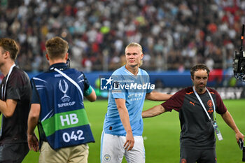 16/08/2023 - Manchester City’s Erling Haaland shows his happiness after win the UEFA Super Cup 2023 final soccer match between Manchester City F.C. vs. Sevilla F.C. at the Stadio Georgios Karaiskakis-Piraeus in Athens, Greece, 16th of August 2023 - EUROPEAN SUPER CUP MANCHESTER CITY VS SEVILLE - SUPERCOPPA EUROPEA - CALCIO