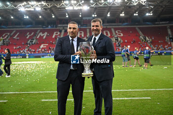 16/08/2023 - Charman of Manchester City's Khaldoon al-Mubarak and chief executive officer of Manchester City F.C.Ferran Soriano with the UEFA Super Cup 2023 at the final soccer match between Manchester City F.C. vs. Sevilla F.C. at the Stadio Georgios Karaiskakis-Piraeus in Athens, Greece, 16th of August 2023 - EUROPEAN SUPER CUP MANCHESTER CITY VS SEVILLE - SUPERCOPPA EUROPEA - CALCIO