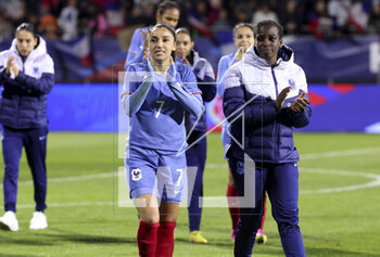 2023-04-07 - Sakina Karchaoui, Viviane Asseyi of France celebrate the victory following the Women's Friendly football match between France and Colombia on April 7, 2023 at Stade Gabriel-Montpied in Clermont-Ferrand, France - FOOTBALL - WOMEN'S FRIENDLY GAME - FRANCE V COLOMBIA - FRIENDLY MATCH - SOCCER