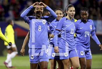2023-04-07 - Onema Grace Geyoro of France celebrates her goal with Clara Mateo, Oriane Jean-Francois during the Women's Friendly football match between France and Colombia on April 7, 2023 at Stade Gabriel-Montpied in Clermont-Ferrand, France - FOOTBALL - WOMEN'S FRIENDLY GAME - FRANCE V COLOMBIA - FRIENDLY MATCH - SOCCER