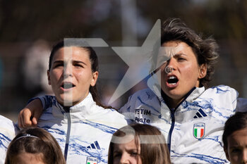 2023-04-11 - Italy women players Sofia Cantore and Valentina Giacinti, sing their National Anthem during the International friendly match between Italy women and Colombia women at Stadio Tre Fontane on April 11, 2023 in Rome, Italy. ©Photo: Cinzia Camela. - ITALY WOMEN VS COLOMBIA - FRIENDLY MATCH - SOCCER