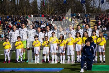 2023-04-11 - Italy women players sing their National Anthem during the International friendly match between Italy women and Colombia women at Stadio Tre Fontane on April 11, 2023 in Rome, Italy. ©Photo: Cinzia Camela. - ITALY WOMEN VS COLOMBIA - FRIENDLY MATCH - SOCCER