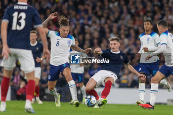 2023-09-12 - Kalvin Phillips of England shuts down Billy Gilmour of Scotland during the 150th Anniversary Heritage Match match between Scotland and England at The National Stadium, 12/09/2023, Hampden Park, Glasgow - FOOTBALL - FRIENDLY GAME - SCOTLAND V ENGLAND - FRIENDLY MATCH - SOCCER