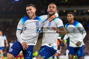2023-09-12 - GOAL! 0-1 Phil Foden of England from close range and celebrates with Kyle Walker during the 150th Anniversary Heritage Match match between Scotland and England at The National Stadium, 12/09/2023, Hampden Park, Glasgow - FOOTBALL - FRIENDLY GAME - SCOTLAND V ENGLAND - FRIENDLY MATCH - SOCCER