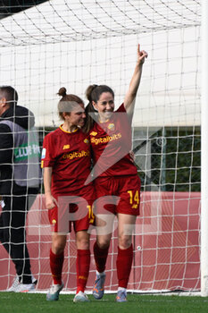 2023-03-11 - Maria Losada (AS Roma Women) and Manuela Giugliano (AS Roma Women)  celebrates after scoring the goal 3-2 during the Coppa Italia Frecciarossa semifinal match between AS Roma vs AC Milan at the Tre Fontane Stadium in Rome on 11 March 2023. - SEMIFINAL - AS ROMA VS AC MILAN - WOMEN ITALIAN CUP - SOCCER