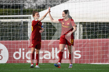 2023-03-11 - Maria Losada (AS Roma Women) and Manuela Giugliano (AS Roma Women) celebrates after scoring the goal 3-2 during the Coppa Italia Frecciarossa semifinal match between AS Roma vs AC Milan at the Tre Fontane Stadium in Rome on 11 March 2023. - SEMIFINAL - AS ROMA VS AC MILAN - WOMEN ITALIAN CUP - SOCCER