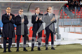 2023-03-26 - Coach Roberto Mancini (Italy) Team manager Gabriele Oriali (Italy) Assistant coach Alberico Evani (Italy) line up during the National Anthems - EUROPEAN QUALIFIERS - MALTA VS ITALY - UEFA EUROPEAN - SOCCER