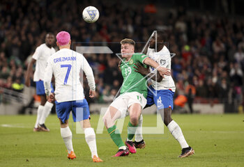 2023-03-27 - Evan Ferguson of Ireland, Dayot Upamecano of France during the UEFA Euro 2024, European Qualifiers, Group B football match between Republic of Ireland and France on March 27, 2023 at Dublin Arena in Dublin, Republic of Ireland - FOOTBALL - EURO 2024 - QUALIFYING - REPUBLIC OF IRELAND V FRANCE - UEFA EUROPEAN - SOCCER