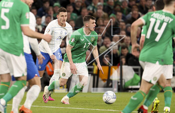 2023-03-27 - Jason Knight of Ireland, Benjamin Pavard of France (left) during the UEFA Euro 2024, European Qualifiers, Group B football match between Republic of Ireland and France on March 27, 2023 at Dublin Arena in Dublin, Republic of Ireland - FOOTBALL - EURO 2024 - QUALIFYING - REPUBLIC OF IRELAND V FRANCE - UEFA EUROPEAN - SOCCER
