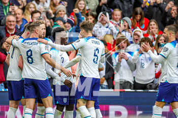 2023-03-28 - England midfielder Bukayo Saka (7) scores a goal and celebrates 2-0 during the UEFA Euro 2024, European Qualifiers football match between England and Ukraine on 26 March 2023 at Wembley Stadium in London, England - FOOTBALL - EURO 2024 - QUALIFYING - ENGLAND V UKRAINE - UEFA EUROPEAN - SOCCER