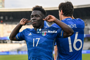 2023-06-25 - Happiness of Italy U21’s Wilfried Gnonto after scores a goal 2-0 during the first qualifying round UEFA European Under-21 Championship 2023 soccer match Italy U21 vs. Swiss U21 at the Cluj Arena stadium in Cluj Napoca, Romania, 25nd of June 2023 - UNDER 21 MEN - SWITZERLAND VS ITALY - UEFA EUROPEAN - SOCCER