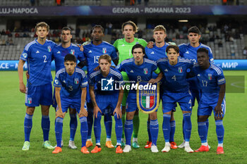 2023-06-28 - The Italy U21 lineup and the referee trio during the third qualifying round UEFA European Under-21 Championship 2023 soccer match Italy U21 vs. Norway U21 at the CFR Cluj Stadium in Cluj Napoca, Romania, 28nd of June 2023 - UNDER 21 MEN - ITALY VS NORWAY - UEFA EUROPEAN - SOCCER
