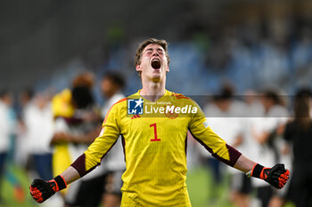 2023-06-02 - Happiness of Germany U17’s Max Schmitt after win the final phase Under-17 Championship Hungary 2023 soccer match vs. France U17 at the Nandor Hidegkuti Stadion stadium in Budapest, Hungary, 2nd of June 2023 - UNDER 17 FINAL - GERMANY VS FRANCE - UEFA EUROPEAN - SOCCER