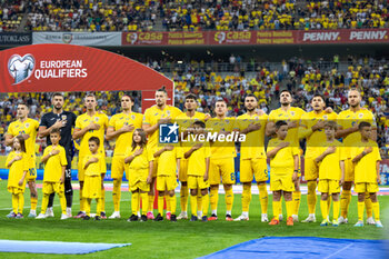 2023-09-12 - National team of Romania singing the National Anthem during the UEFA Euro 2024, European Qualifiers, Group I football match between Romania and Kosovo on September 12, 2023 at Arena Nationala in Bucharest, Romania - FOOTBALL - EURO 2024 - QUALIFYING - ROMANIA V KOSOVO - UEFA EUROPEAN - SOCCER